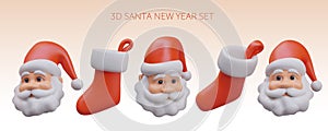 Santa Claus head in red hat, Christmas stocking for gifts. Vector objects in different positions