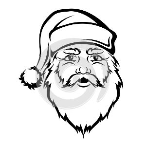 Santa Claus head. Vector black contour. Christmas illustration.