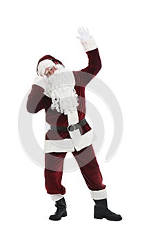 Santa Claus with headphones listening to Christmas music on white background
