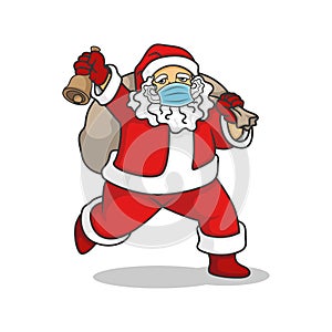 santa claus with healthy mask running bring a sack of gift and holding a bell. vector illustration.