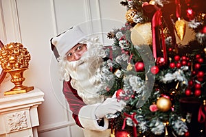Santa Claus is hiding behind christmas tree to hide giftboxes. New year and Merry Christmas holidays concep photo