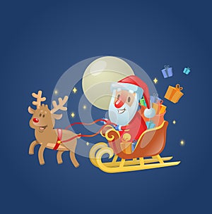 Santa Claus in his Christmas sled sleigh with his reindeer across the Moonlit night sky. Flat vector illustration