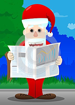 Santa Claus in his red clothes with white beard reading newspaper.