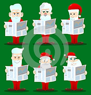 Santa Claus in his red clothes with white beard reading newspaper.