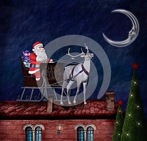 Santa Claus and his sleigh on a roof