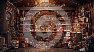 Santa Claus in his whimsical workshop, crafting toys and checking his list. the cozy, clutter-free environment where the