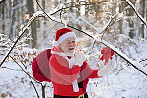 Santa Claus hold Christmas gift and walk in the winter mountains forest in snow.