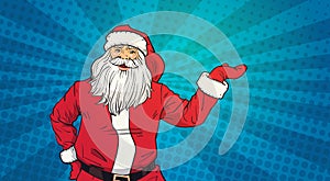 Santa Claus Hold Open Palm To Copy Space Pop Art Style Happy New Year And Merry Christmas Holiday Concept