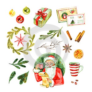 Santa Claus holding an empty wish list in his hands and drink coffee. Watercolor illustration set