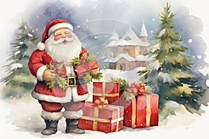 Santa Claus holding gifts for Christmas outdoor. Watercolor illustration for postcard, design, print