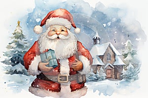 Santa Claus holding gifts for Christmas outdoor. Watercolor illustration for postcard, design, print