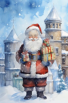 Santa Claus holding gifts for Christmas outdoor. Watercolor illustration for postcard, design, print
