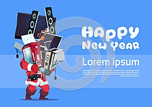 Santa Claus Holding Pile Of Modern Electronics Gadgets On Happy New Year Banner