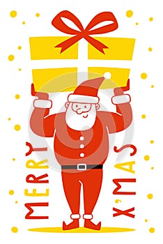 Santa Claus holding a presents on white background. Merry Christmas and Holiday greeting card.