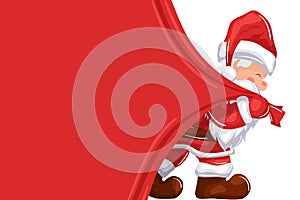 Santa claus holding a red christmas curtain on transparent background