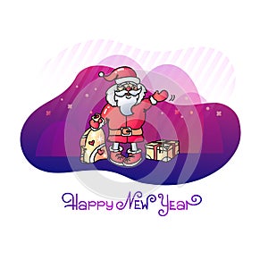 Santa Claus holds a bagful with gifts. Vector illustration.