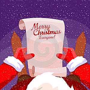 Santa Claus holds a scroll parchment in his hands, read a letter Christmas wish list