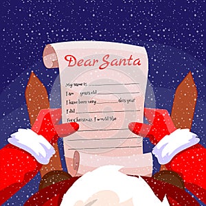 Santa Claus holds a scroll parchment in his hands, read a letter Christmas wish list