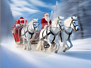 Santa Claus on horses in a hurry for Christmas and New Year.