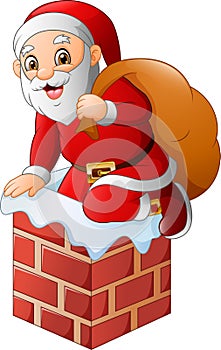 Santa Claus on the house roof chimney with bag of gifts