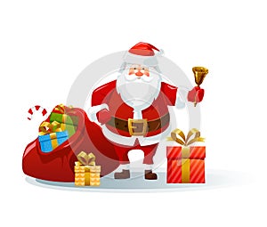 Santa claus with a huge bag of gifts and a bell