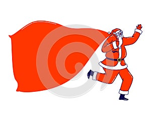 Santa Claus with Huge Bag Mockup. Christmas Character in Red Suit and Festive Costume Holding Empty Sack with Copy Space