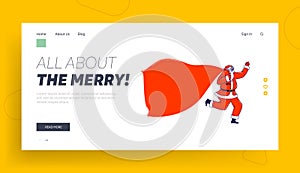 Santa Claus with Huge Bag Mockup Landing Page Template. Christmas Character in Red Suit Hold Sack with Space for Text