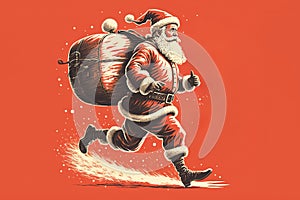 Santa Claus with a huge bag on the run to delivery christmas gifts at snow fall. Vector illustration