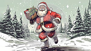 Santa Claus with a Huge Bag on the Run to Delivery Christmas Gifts at the Snowfall: