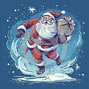 Santa Claus with a Huge Bag on the Run to Delivery Christmas Gifts at the Snowfall: