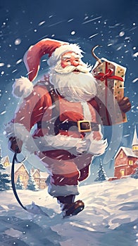 Santa Claus with a Huge Bag on the Run to Delivery Christmas Gifts at the Snowfall:
