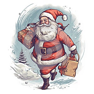 Santa Claus with a Huge Bag on the Run to Delivery Christmas Gifts at the Snowfall: