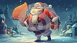 Santa Claus with a Huge Bag on the Run to Delivery Christmas Gifts at the Snowfall: