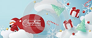 Santa Claus with a huge bag on the run to delivery christmas gifts on white cloud background.Merry Christmas text Calligraphic