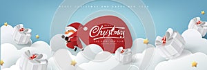 Santa Claus with a huge bag on the run to delivery christmas gifts on white cloud background.Merry Christmas text Calligraphic