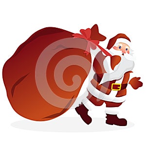 Santa Claus with huge red bag with presents. Vector illustration