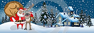 Santa Claus hugging reindeer snow banner