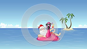 Santa Claus with inflatable flamingo float enjoys the summer vacation