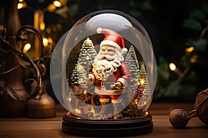 Santa Claus inside a snow globe with Christmas lights in the background. Generative AI