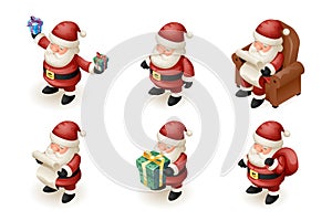 Santa Claus Isometric 3d Read Gift List Sit Armchair Character Sit Armchair Giftbag Icon Holiday Fireplace Background
