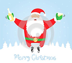 Santa Claus jumping with glass and champagne. Merr