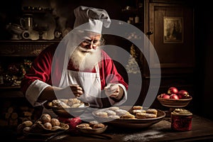 Santa Claus in the kitchen prepares treats for the Christmas holiday table