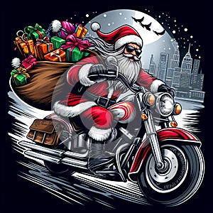 Santa Claus with a large bag of gifts on a motorcycle rides along an illuminated city street