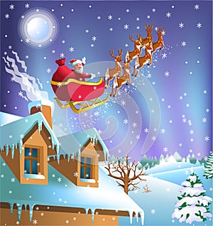 Santa Claus leaving house in his sleigh