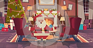 Santa Claus In Living Room Decorated For Christmas And New Year At Armchair Near Pine Tree And Fireplace, Home Interior