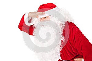 Santa Claus look far away hold hand at head