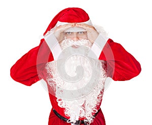 Santa Claus look far away hold hands at head
