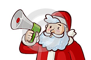 Santa Claus with loudspeaker in hand. Christmas, xmas concept. Cartoon vector illustration