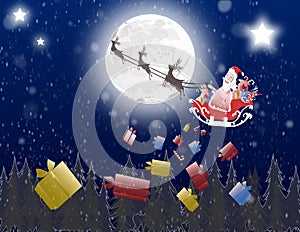 Santa Claus with magic giving gifts in the gradient dark to light blue background with stars sparkling around.
