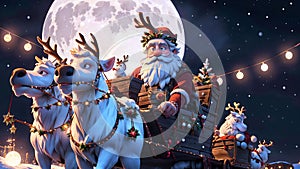 Santa Claus' Magical Journey in a Sleigh through Snowy Nightscapes on Xmas Eve